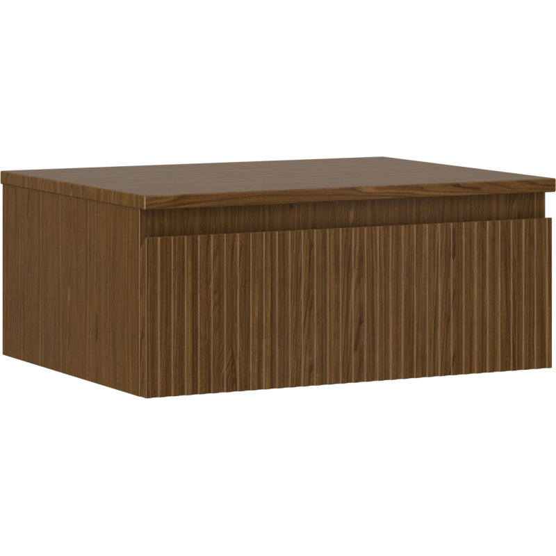 Servantskap 60 cm i valnøtt med riflet front og én skuff, vist fra skrå forside.