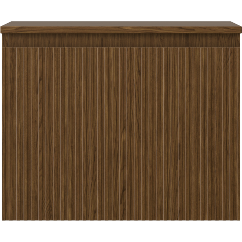 Underskap til servant i valnøtt med vertikale rifler og én skuff, sett rett forfra.