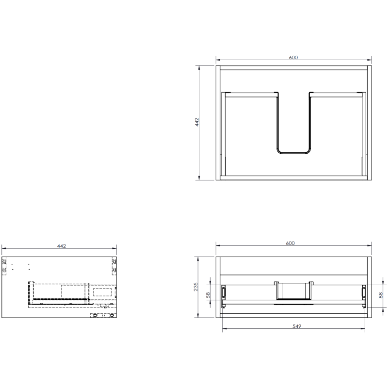 Servantskap til bad teknisk tegning med mål 600 x 442 mm, sett fra topp, front og side.