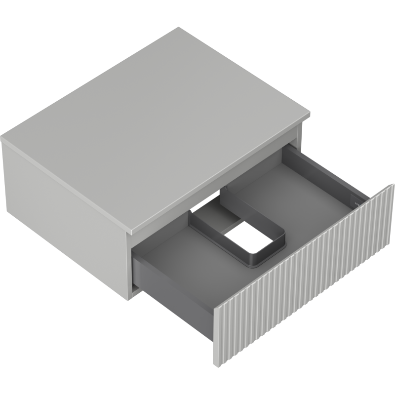 Servantskap uten vask grå Mexen Rivel 60 cm med en uttrekt skuff og riflet front, sett skrått ovenfra.
