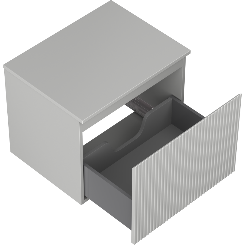 Servantskap uten vask 60 cm grå matt med én stor, uttrekt skuff og riflet front, sett skrått ovenfra.