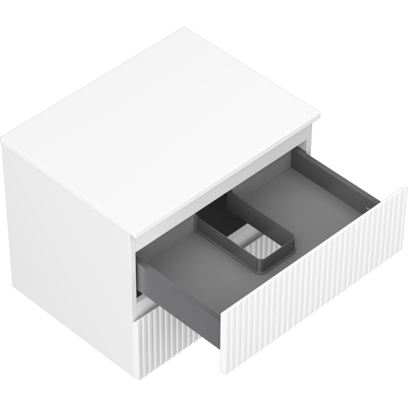 Servantskap uten vask 60 cm hvit matt med åpen skuff og grå plastinnsats, vertikale riller.