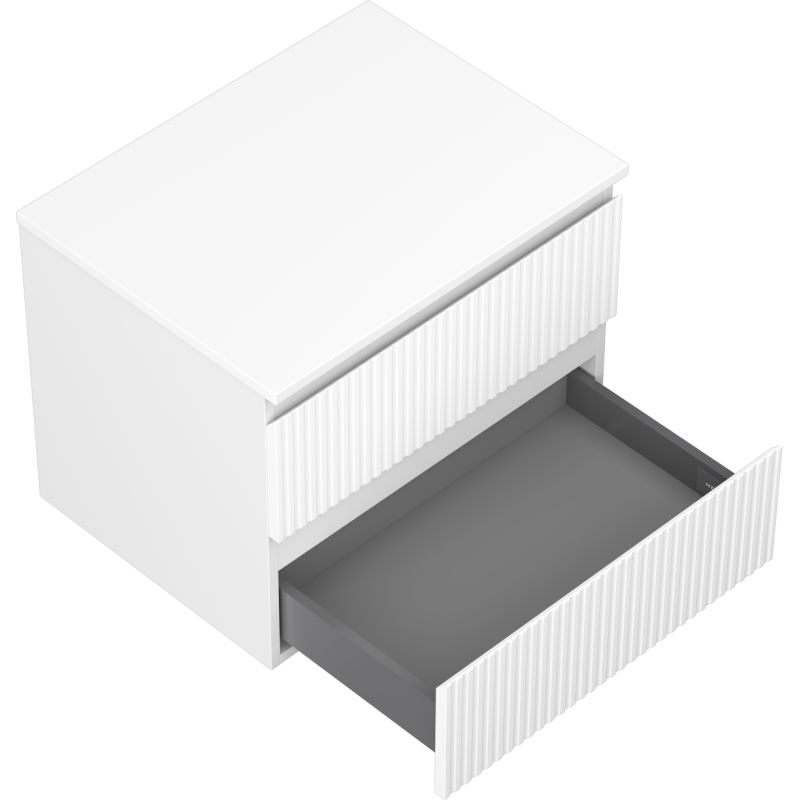 Servantskap til bad i hvit matt med to skuffer, vertikale riller og nederste skuff trukket ut.