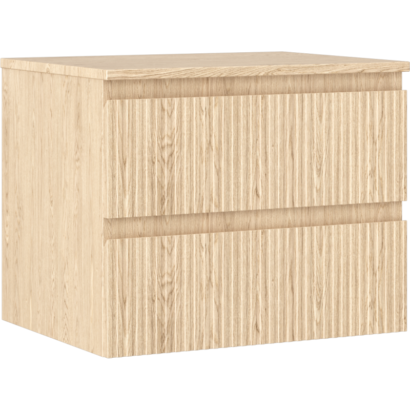 Servantskap 60 cm i lys eik med to skuffer og riflet front, vist fra skrå vinkel.