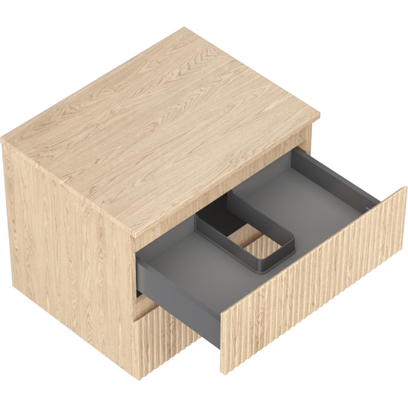 Servantskap uten vask i eik med riflet front, åpen skuff med grå plastinnsats for organisering.