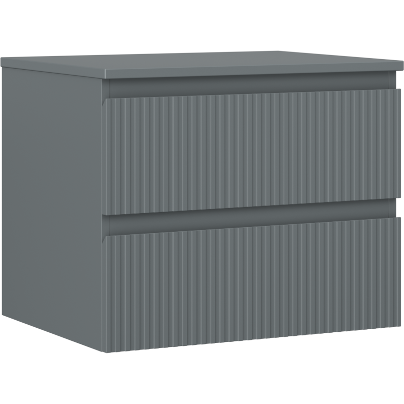 Servantskap 60 cm grafitt matt med to skuffer og vertikale riller, sett fra skrå vinkel.