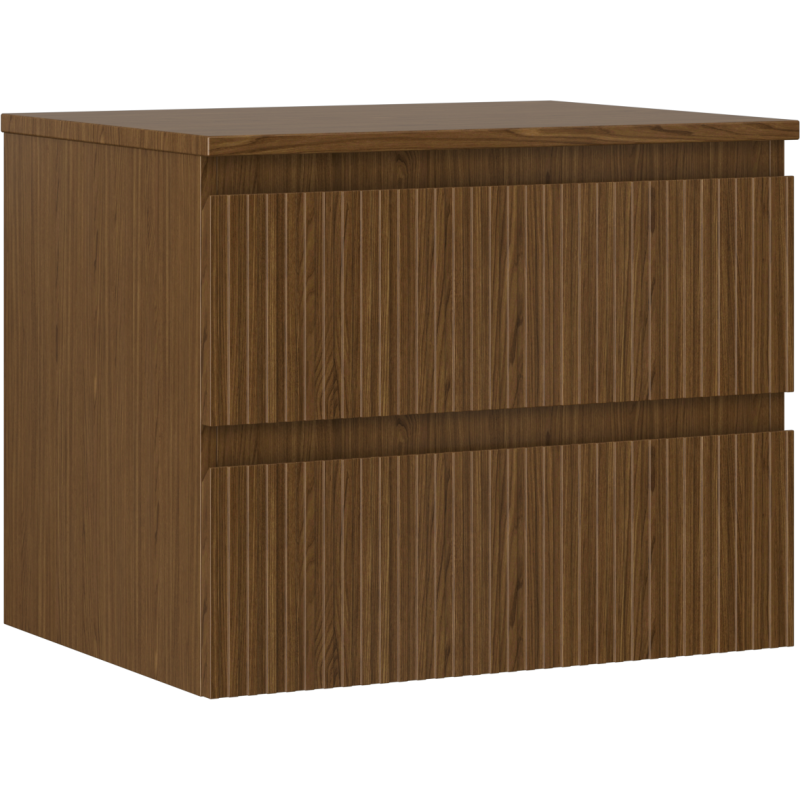 Servantskap 60 cm i valnøtt med to skuffer og riflet front, sett fra skrå vinkel.