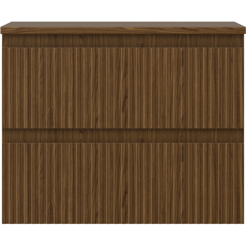 Underskap til servant i valnøtt med to riflete skuffer, sett forfra.