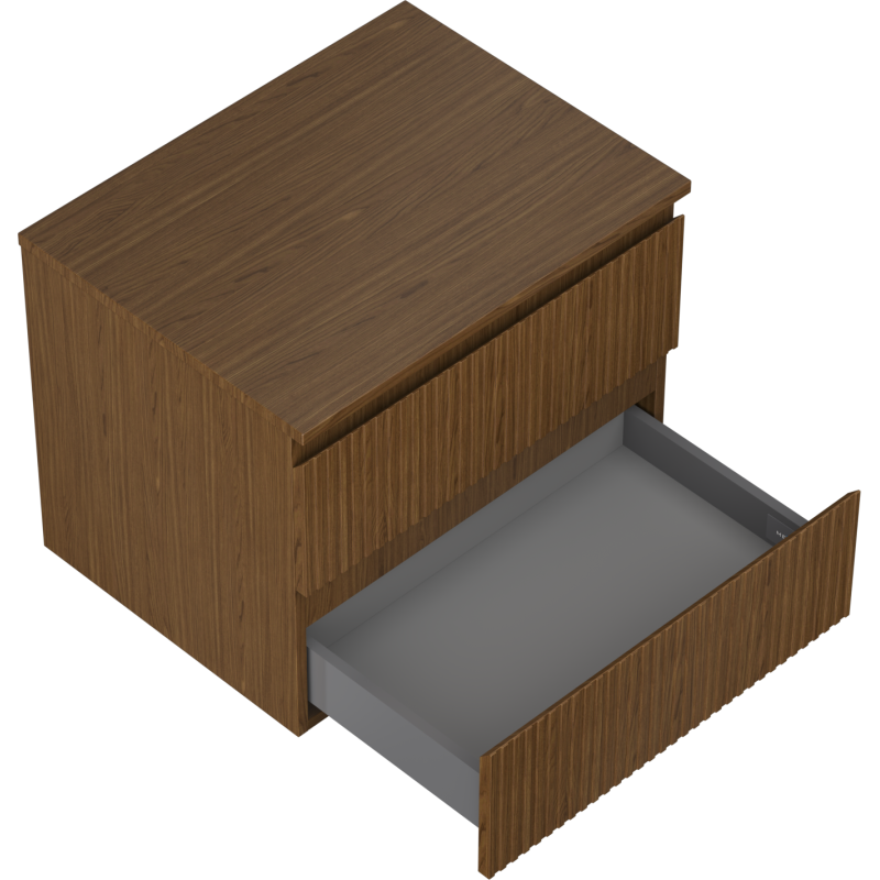 Servantskap til bad 60 cm i valnøtt med to skuffer, skrå vinkel og åpen underste skuff med grå innside.