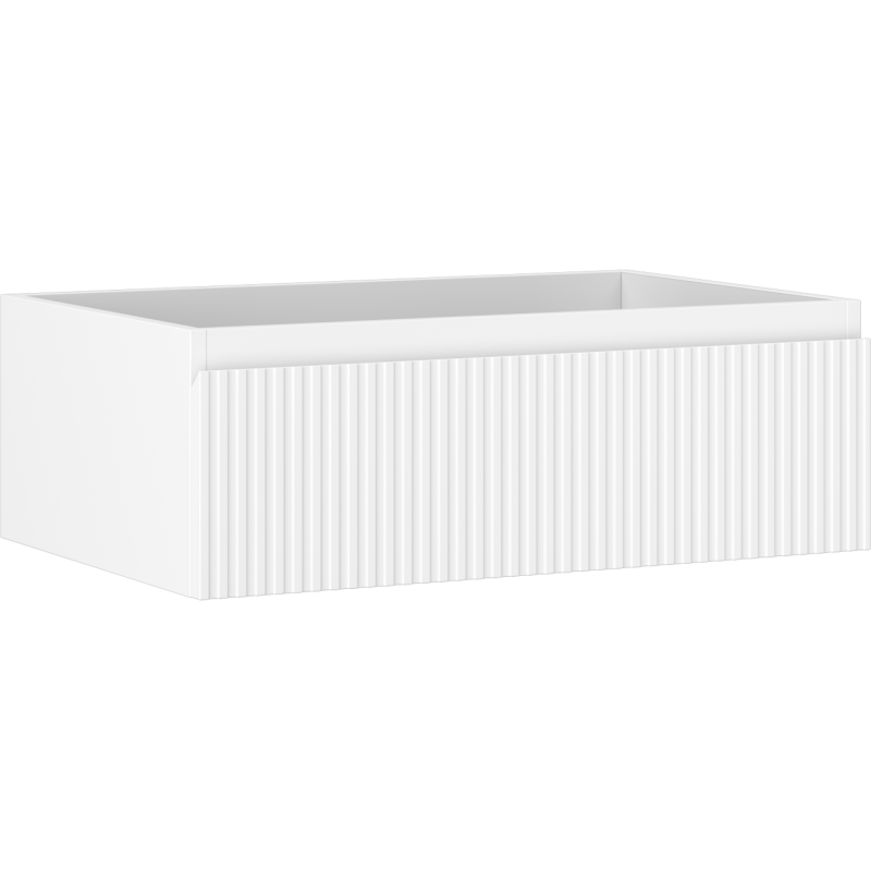 Servantskap 70 cm hvit matt med riflet front og én skuff, sett fra skrå vinkel uten synlige håndtak.