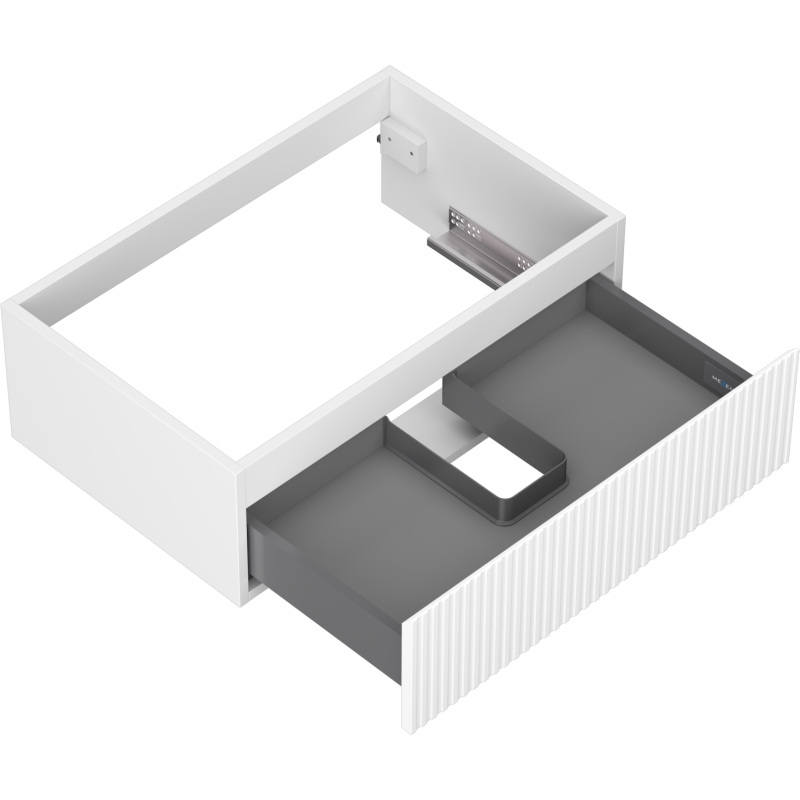 Servantskap uten vask 70 cm hvit matt med åpen grå skuff og riflet front, sett ovenfra.