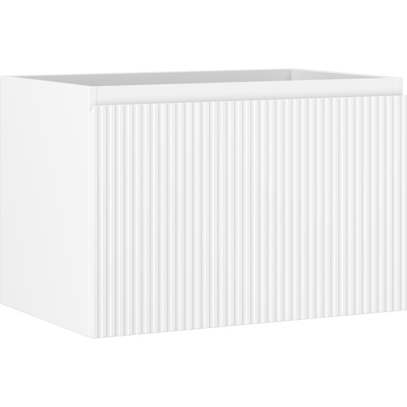 Servantskap 70 cm hvit matt med riflet front og én skuff, sett fra skrå vinkel.