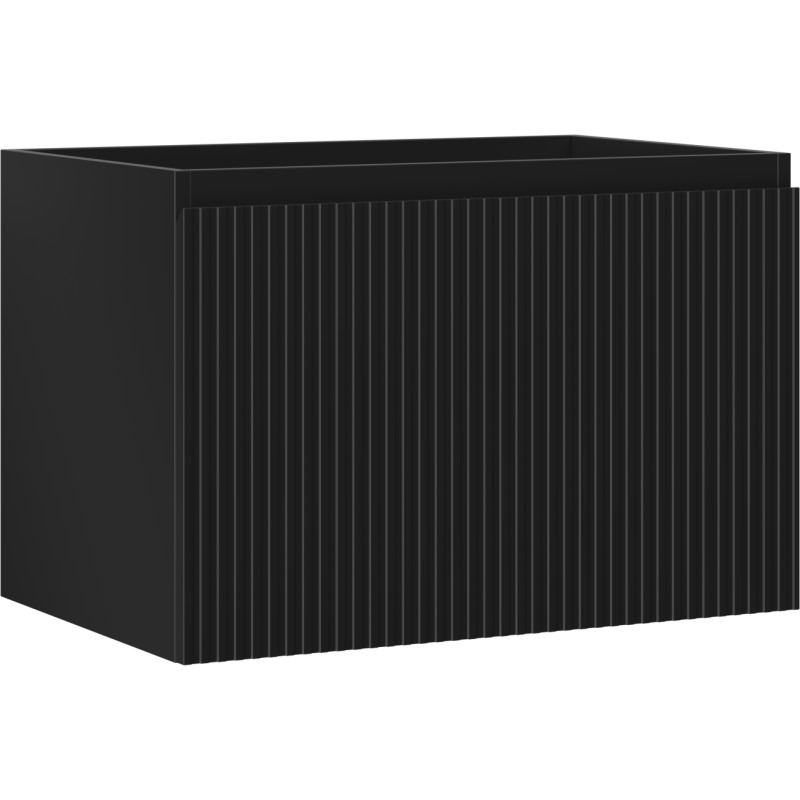 Servantskap 70 cm svart matt med én skuff og riflet front, vist fra skrått hjørneperspektiv.