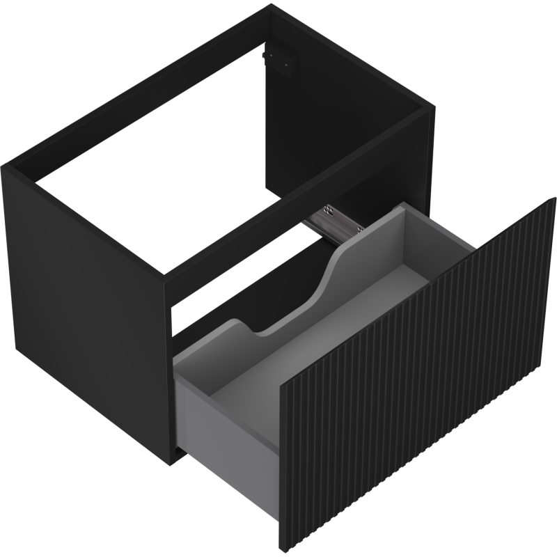 Servantskap uten vask svart matt Mexen Rivel 70 cm med riflet front og grå skuff trukket ut.