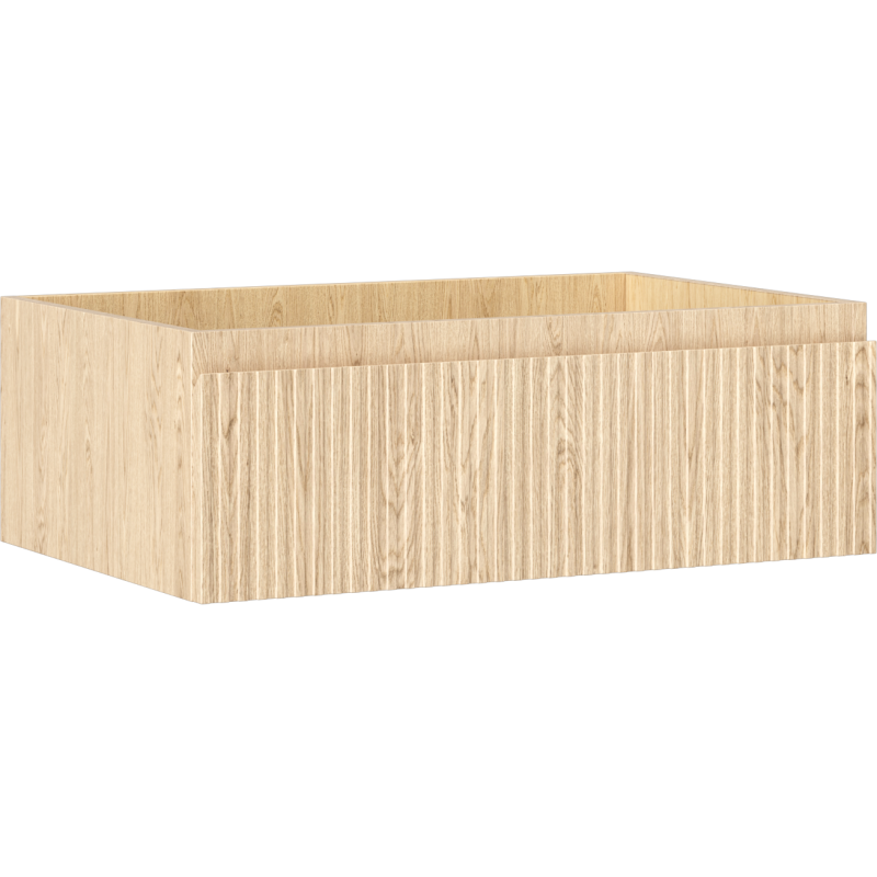 Servantskap 70 cm i eik med riflet front, én skuff, vist fra skrått frontperspektiv.