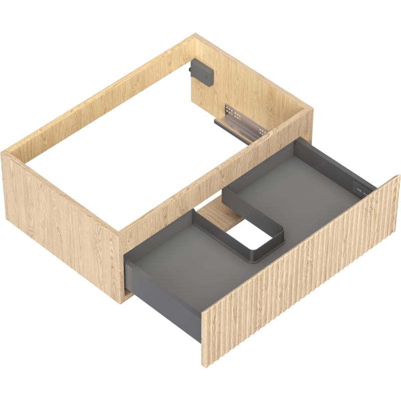 Servantskap uten vask 70 cm Mexen Rivel i eik sett ovenfra med grå skuff og innvendig rørutsparing.