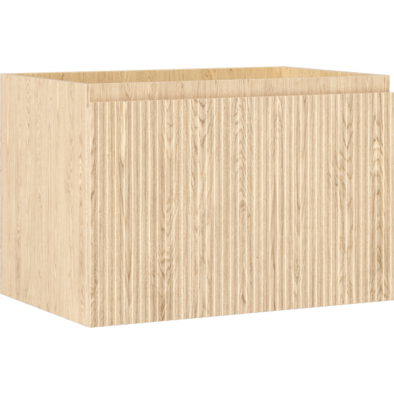 Servantskap 70 cm i eik med én skuff og riflet front, sett fra skrå vinkel.