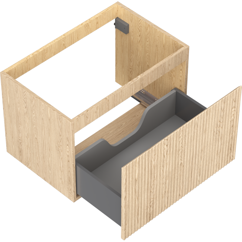 Servantskap uten vask i lys eik med en stor grå skuff og rillet front, sett skrått ovenfra.