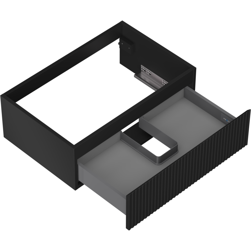 Servantskap uten vask 70 cm grafitt matt med åpen riflet skuff og grå innredning, sett ovenfra.