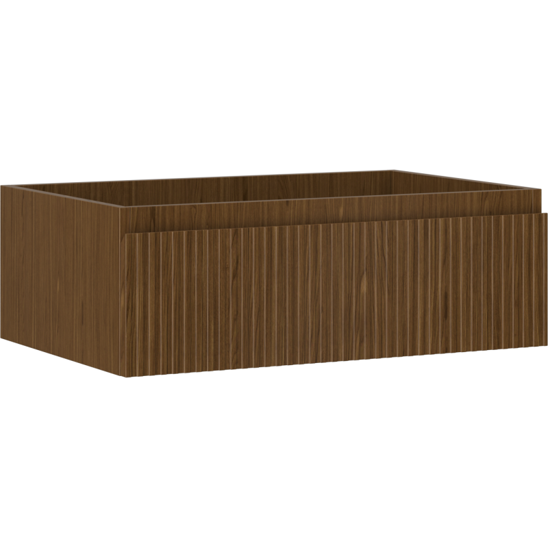 Servantskap 70 cm i valnøtt med riflet front og dyp skuff, sett skrått forfra fra venstre side.