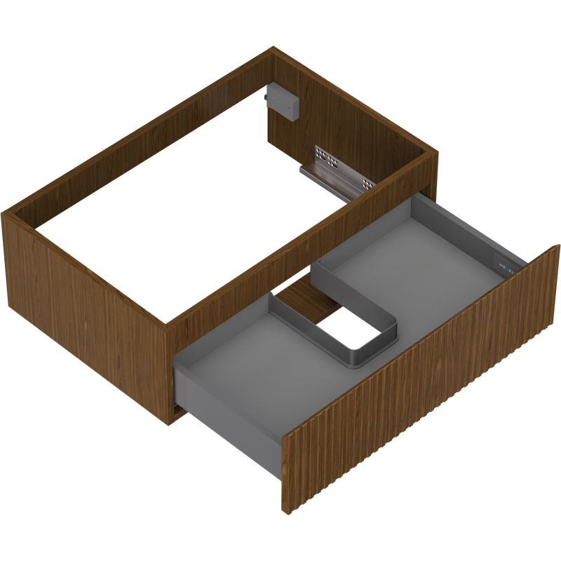 Servantskap uten vask i valnøtt med riflet front, sett skrått ovenfra, grå innmat og utsparing til rør.