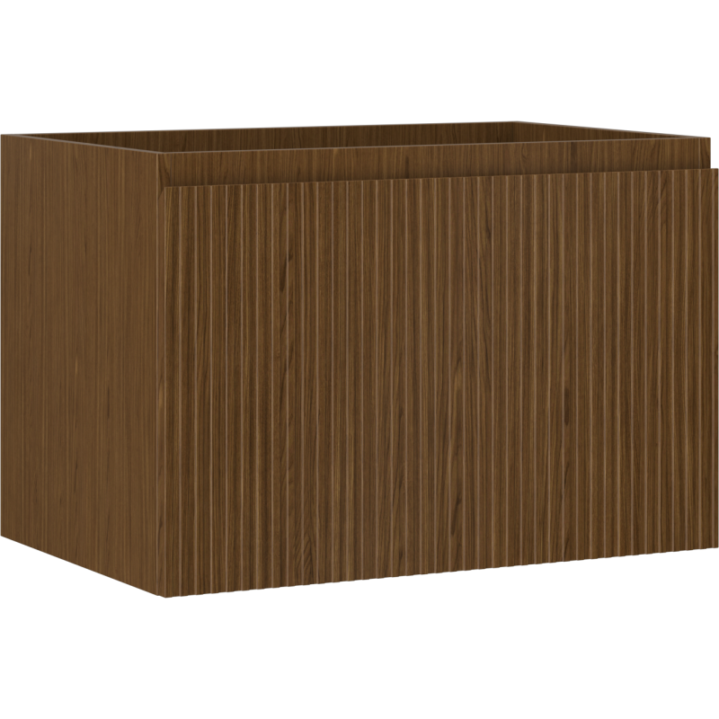 Servantskap 70 cm i valnøtt med vertikal riflet front, sett skrått forfra uten synlige håndtak.