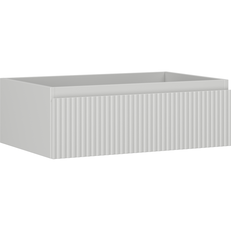 Servantskap 70 cm grå matt med én hvit riflet skuff, sett skrått forfra i moderne design.