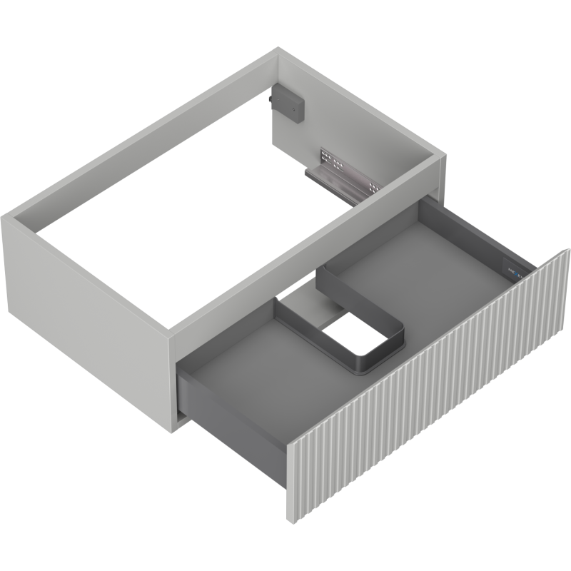Servantskap uten vask i lys grå matt finish med én åpen skuff og riflet front, sett skrått ovenfra.