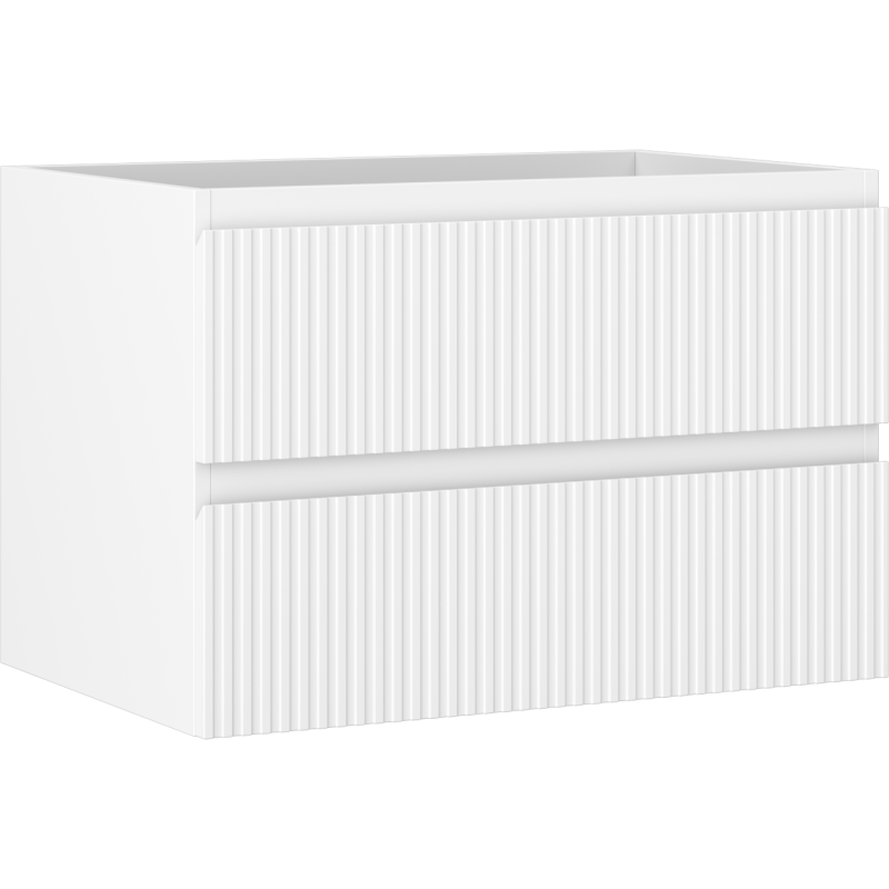 Servantskap 70 cm hvit matt med to skuffer og vertikale riller, sett fra skrå vinkel.