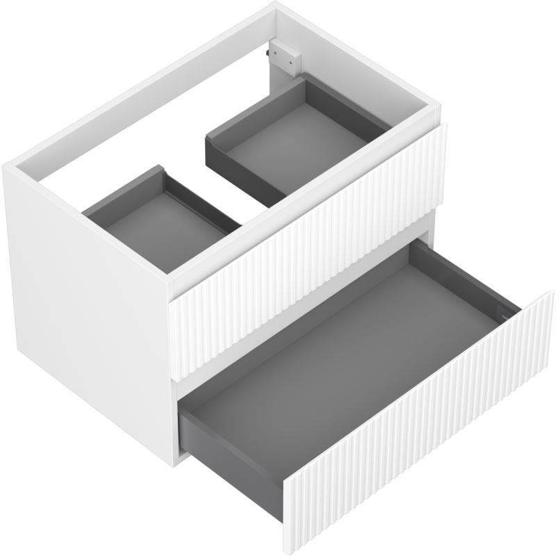 Servantskap til bad 70 cm hvit matt med to grå skuffer, rillede fronter og en skuff trukket ut.
