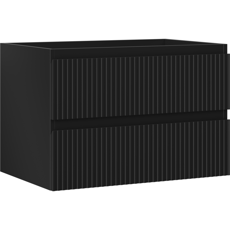Servantskap 70 cm svart matt med to skuffer og vertikale riller, sett skrått forfra.