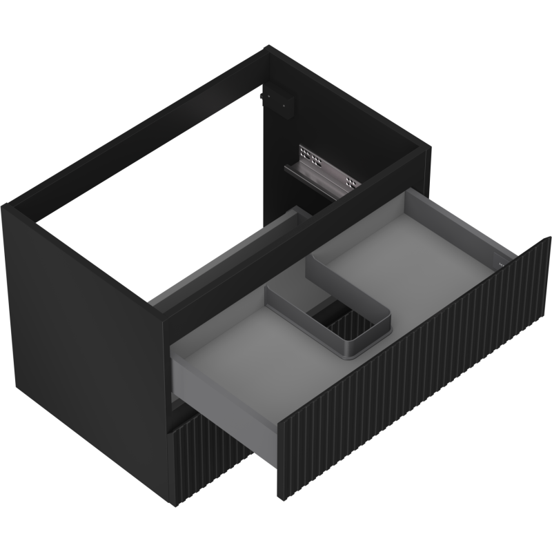 Servantskap uten vask i svart matt med rillemønstret front og åpen skuff med organiseringsinnsats.