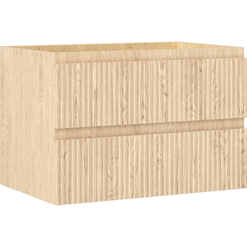 Servantskap 70 cm i eik med riflet front og to brede skuffer, sett fra skrå vinkel.