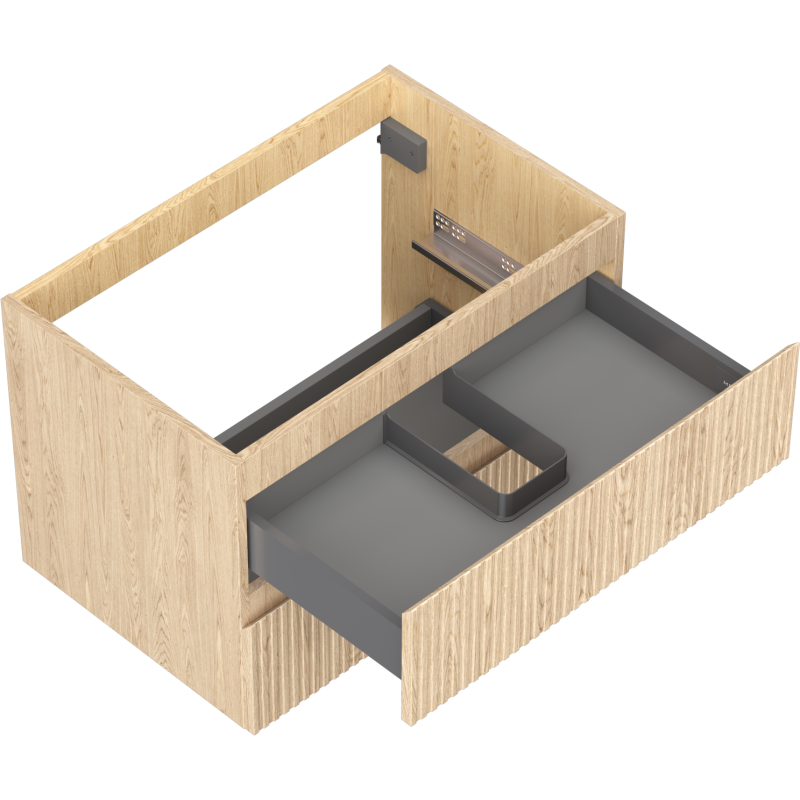 Servantskap uten vask 70 cm i eik med riflet front og åpen grå skuff med rørutskjæring.