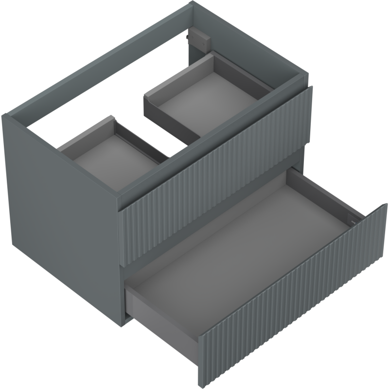 Servantskap til bad i grafitt matt med to skuffer og vertikale riller, sett ovenfra.