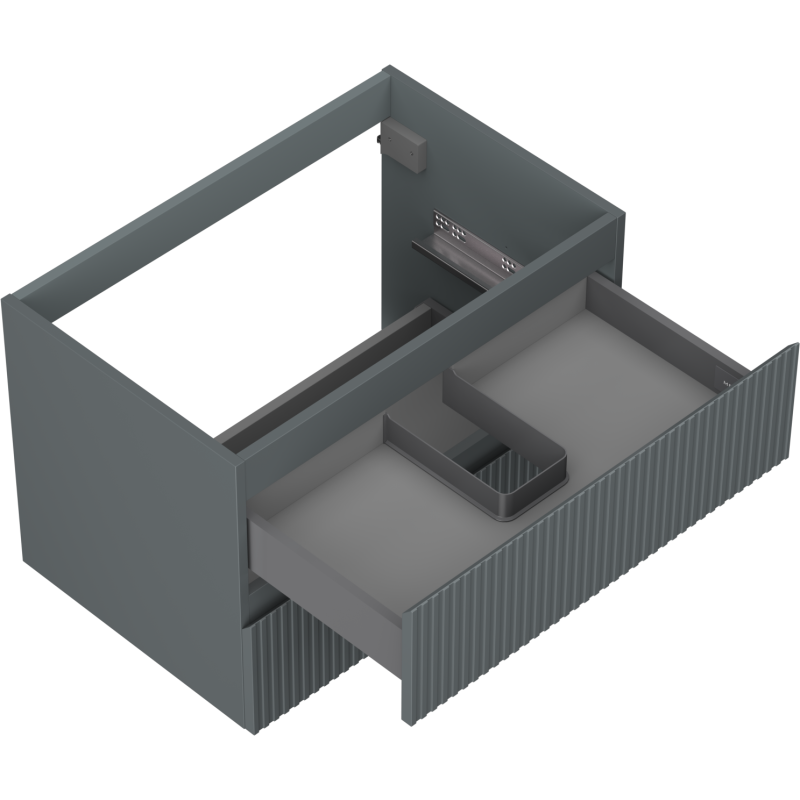 Servantskap uten vask 70 cm grafitt matt med åpnet skuff og integrert romdeler, front med riller.