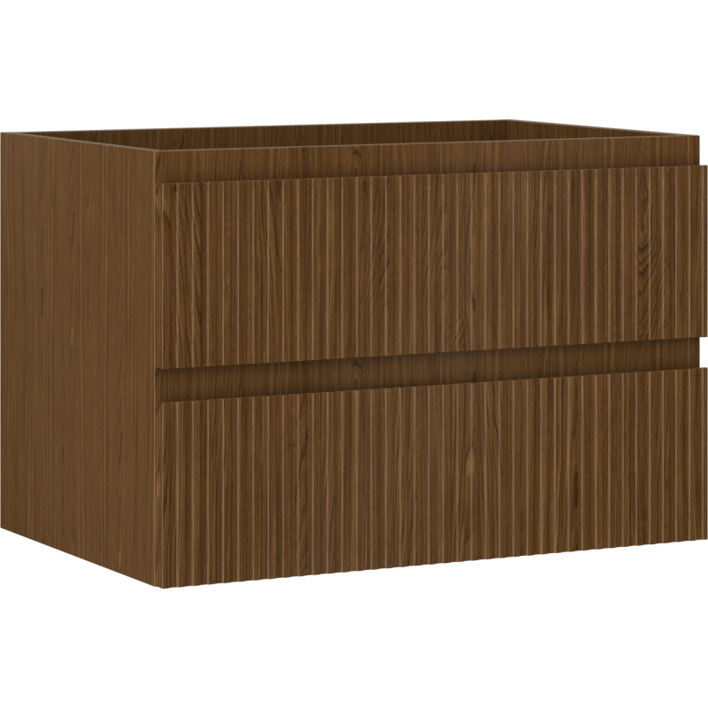 Servantskap 70 cm i valnøtt med riflet front og to skuffer uten håndtak sett skrått forfra.