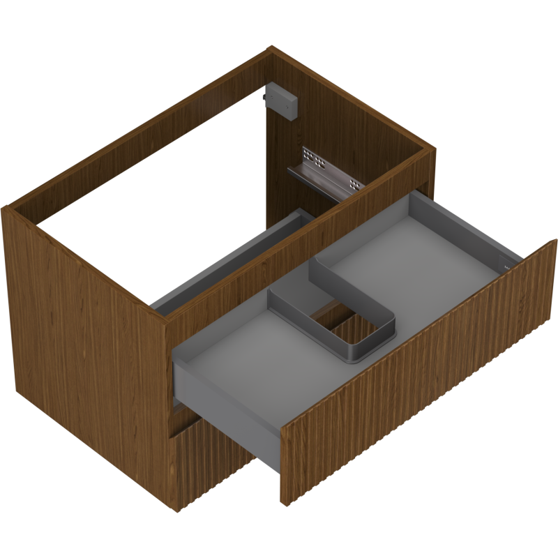 Servantskap uten vask 70 cm Mexen Rivel i valnøtt med uttrekt grå innerskuff og utsparing for rør.