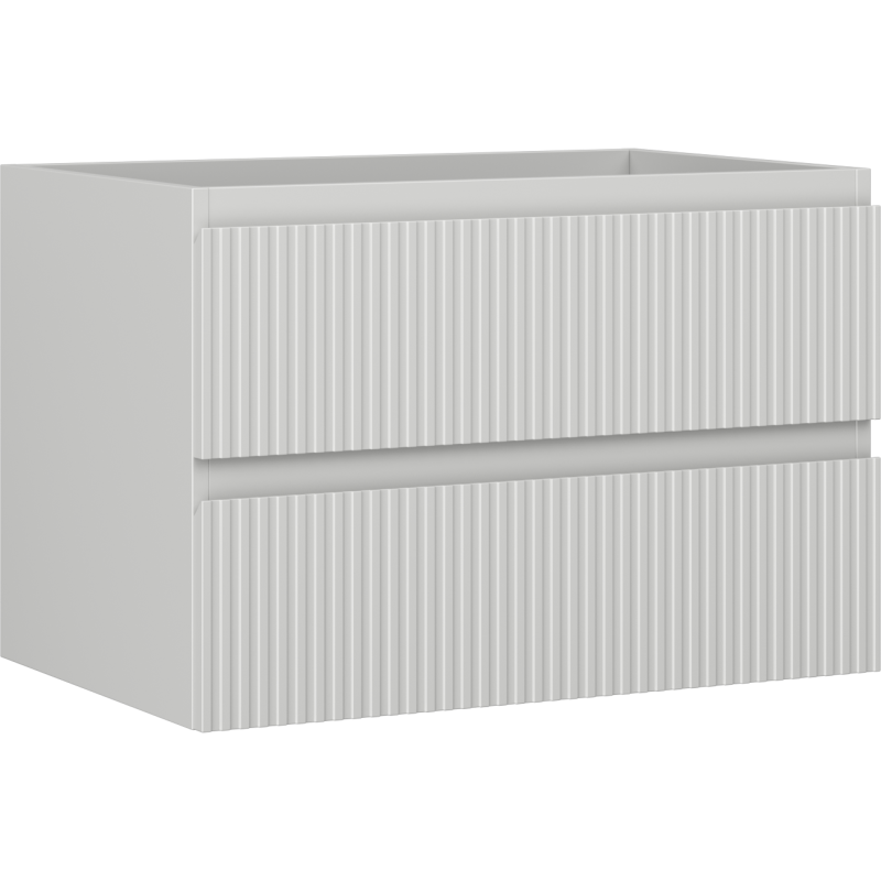 Servantskap 70 cm i grå matt med to skuffer og riflet front, sett fra skrå vinkel.