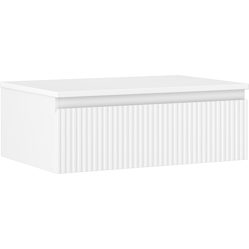 Servantskap 70 cm hvit matt med riflet front og glatt lokk, sett fra et hjørne i perspektiv.