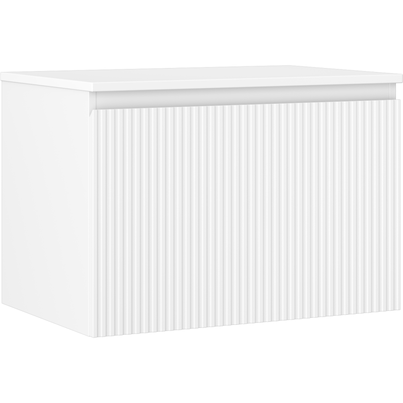 Servantskap 70 cm hvit matt med én skuff og riflet front, sett fra skrå vinkel.