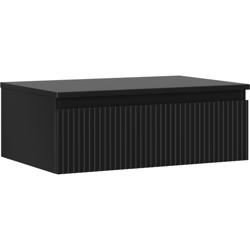 Servantskap 70 cm svart matt med riflet front, sett fra skrå vinkel mot venstre side.