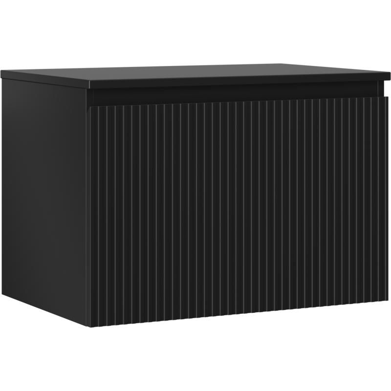 Servantskap 70 cm svart matt med én skuff, vertikale riller og slett topp, sett fra skrå vinkel.