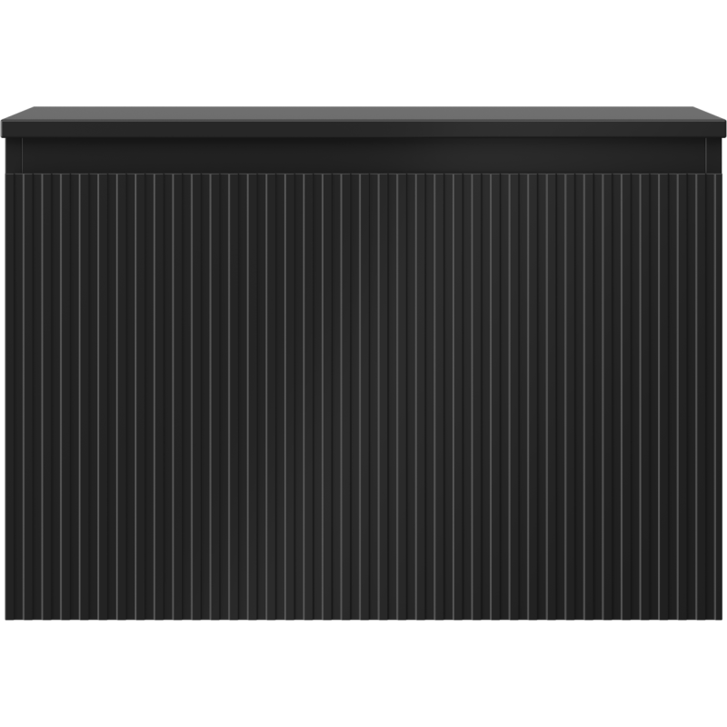 Underskap til servant i svart matt med én skuff og vertikale riller, sett rett forfra.