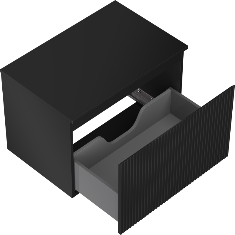 Servantskap uten vask svart Mexen Rivel 70 cm med rillet front og delvis åpen skuff.