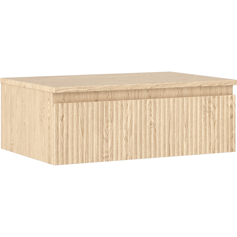 Servantskap 70 cm i eik med riflet front og én skuff, sett skrått forfra.