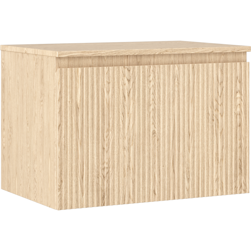 Servantskap 70 cm i eik med riflet front og én skuff, sett skrått forfra.