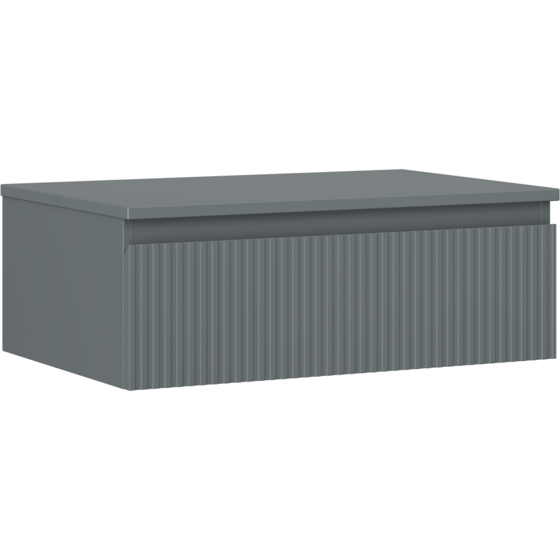 Servantskap 70 cm grafitt matt med én skuff og vertikale riller sett fra skrå vinkel.