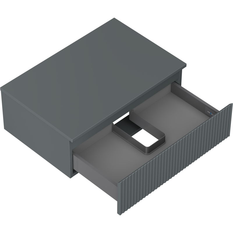 Servantskap uten vask 70 cm grafitt matt med én skuff, sett ovenfra med åpen front og synlig skillevegg.