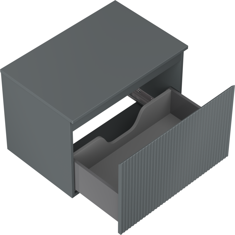 Servantskap uten vask 70 cm grafitt matt med rillet front og uttrekt skuff med avdeler, sett ovenfra.